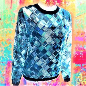 MIZZONI Colorful Retro Art Deco Style Mesh Long Sleeve Top Size S